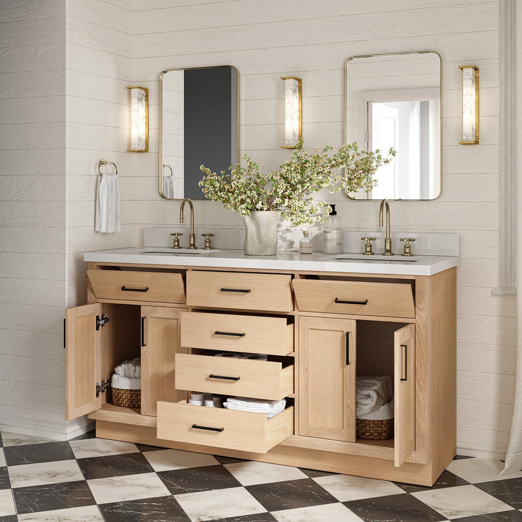 ARIEL Hepburn 66-inch Bathroom Vanity with Sink,Solid Wood, 1.5-inch Pure White Quartz Countertop, Double Rectangular Porcelain Sink, 4 Soft Closing Doors, 6 Dovetail Drawers, White Oak