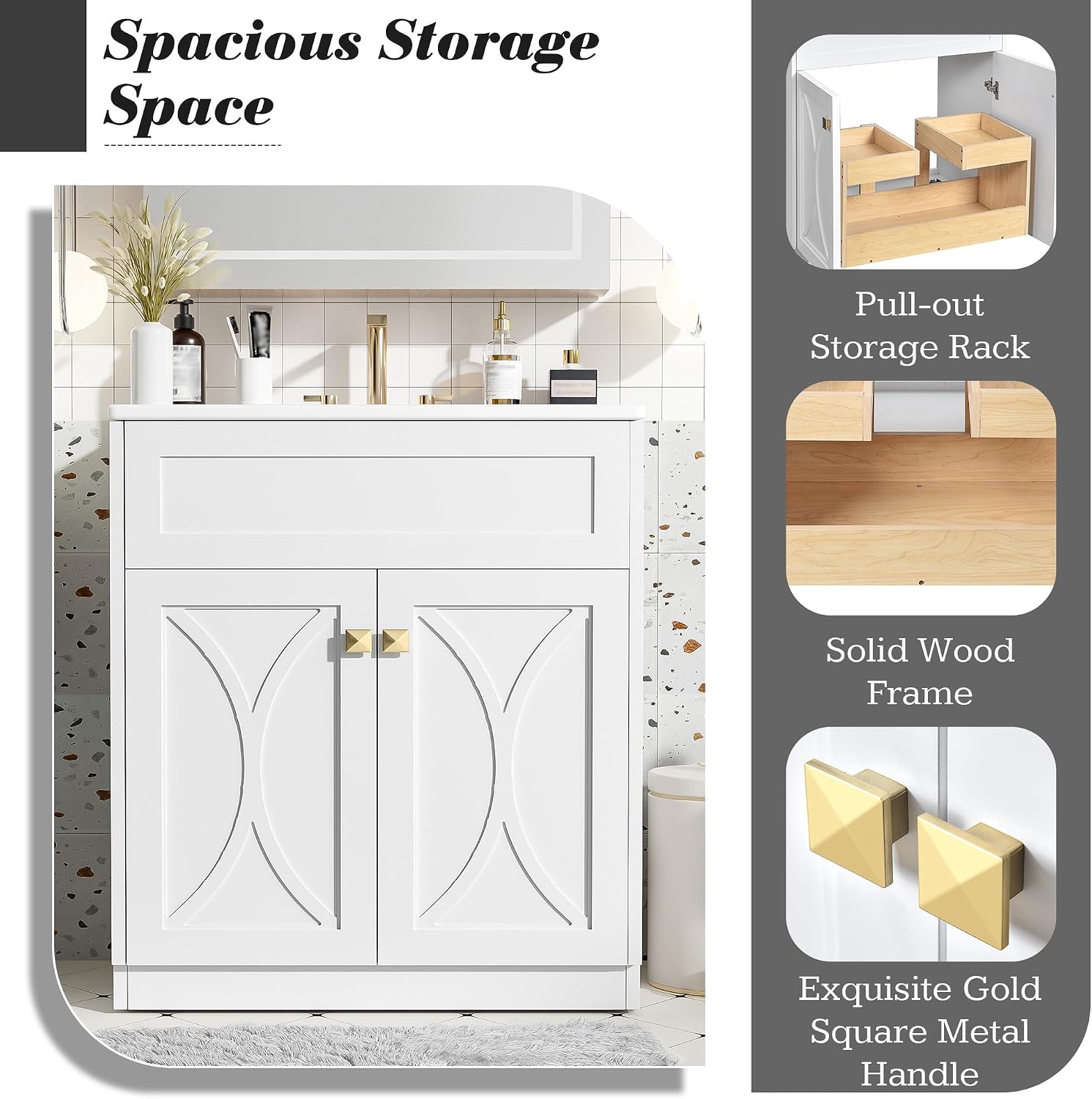 30 Inch White Bathroom Vanity with Sink,Modern Freestanding Bathroom Vanity with Storage Rack,Intergrated Countertop,Gold Handles,Elegant Soft Closing Doors(Ceramic Sink)