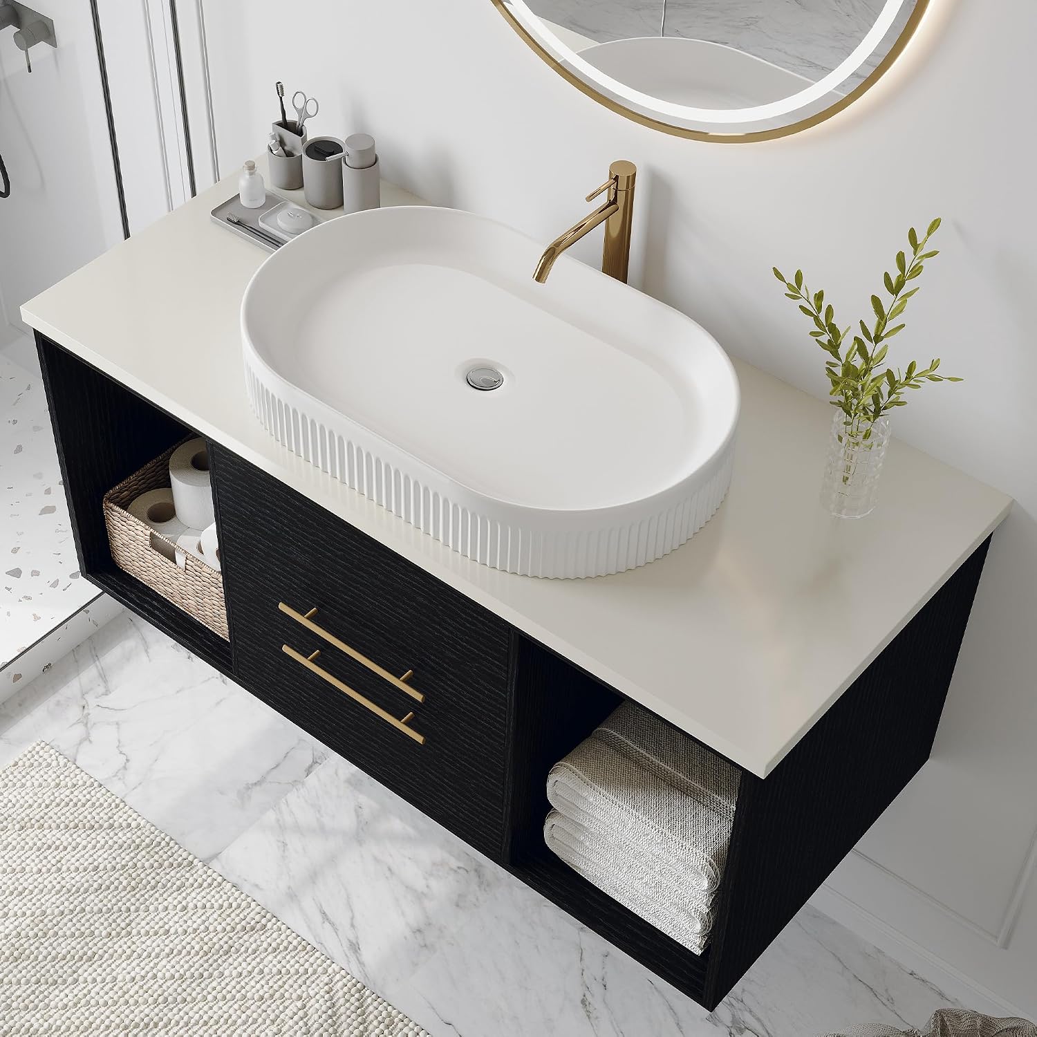 40' Floating Bathroom Vanities with Oval Ceramic Sink, Wall Mounted Bathroom Vanity Storage Cabinet with 2 Drawers and 2 Storage Spaces, Modern Bathroom Sink Cabinet with Gold Metal Handles,Black