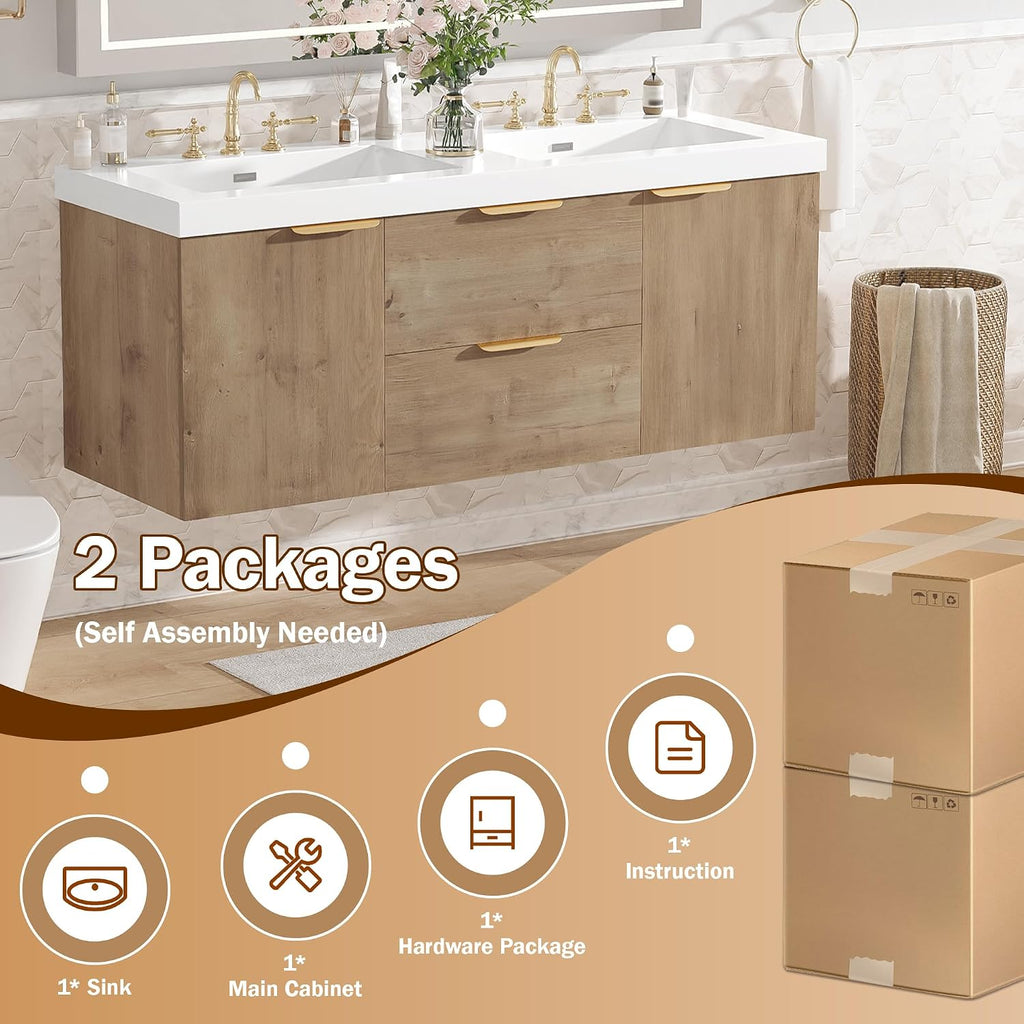 60'' Floating Bathroom Vanity with Sink, Wall-Mounted Cabinet with Drawer & Doors, SMC Resin Top Undermount Basin, Soft-Close, with Handle for Large Bathrooms