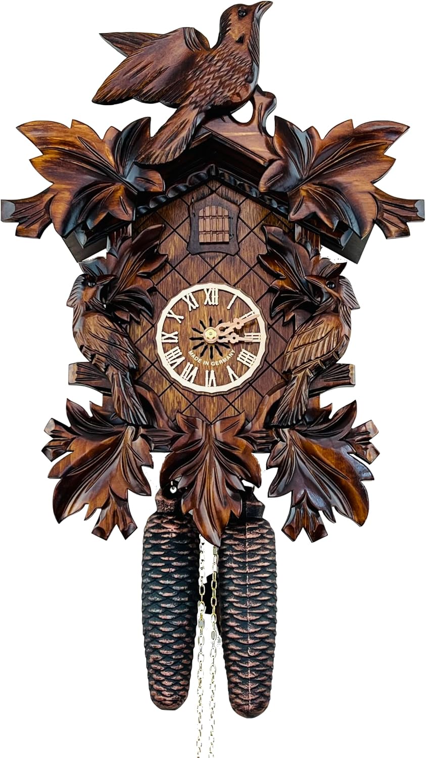 Eight Day Cuckoo Clock with Three Hand Carved Birds and Seven Leaves