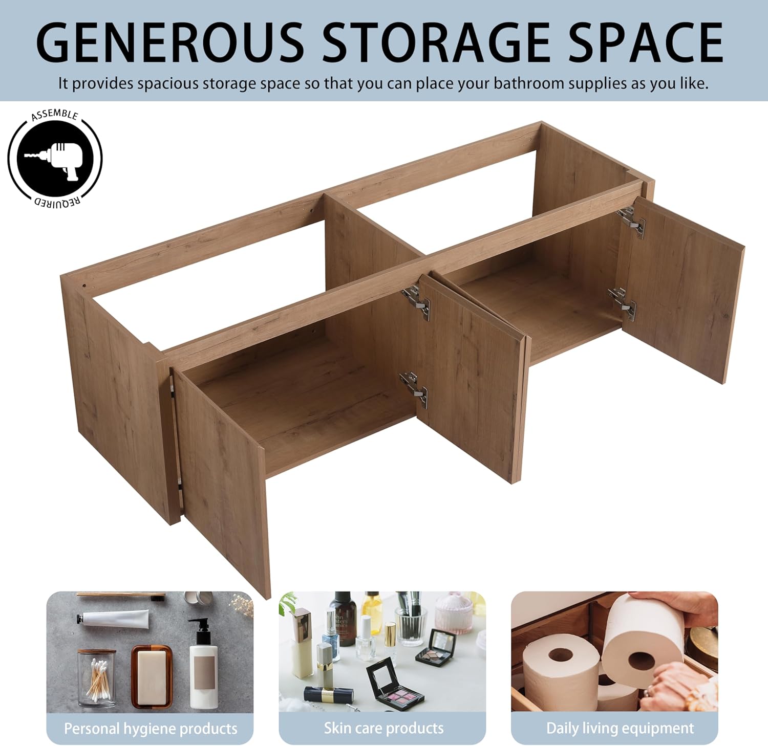 60' Floating Bathroom Vanity,60 Inch Bathroom Vanity Without Top Sink,Modern Floating Vanity Cabinet,Brown Wall Mounted Cabinet with Soft Closing Doors,Plywood(Sink Basin Not Included)