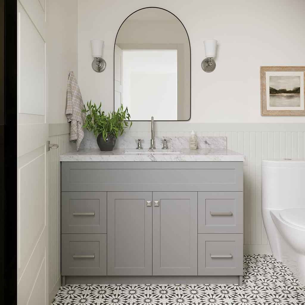ARIEL Hamlet 48-inch Bathroom Vanity with Sink,Solid Wood, 1.5-inch Italian Carrara Marble Countertop & Backsplash, Single Rectangular Porcelain Sink, 2 Soft Closing Doors, 4 Dovetail Drawers, Grey