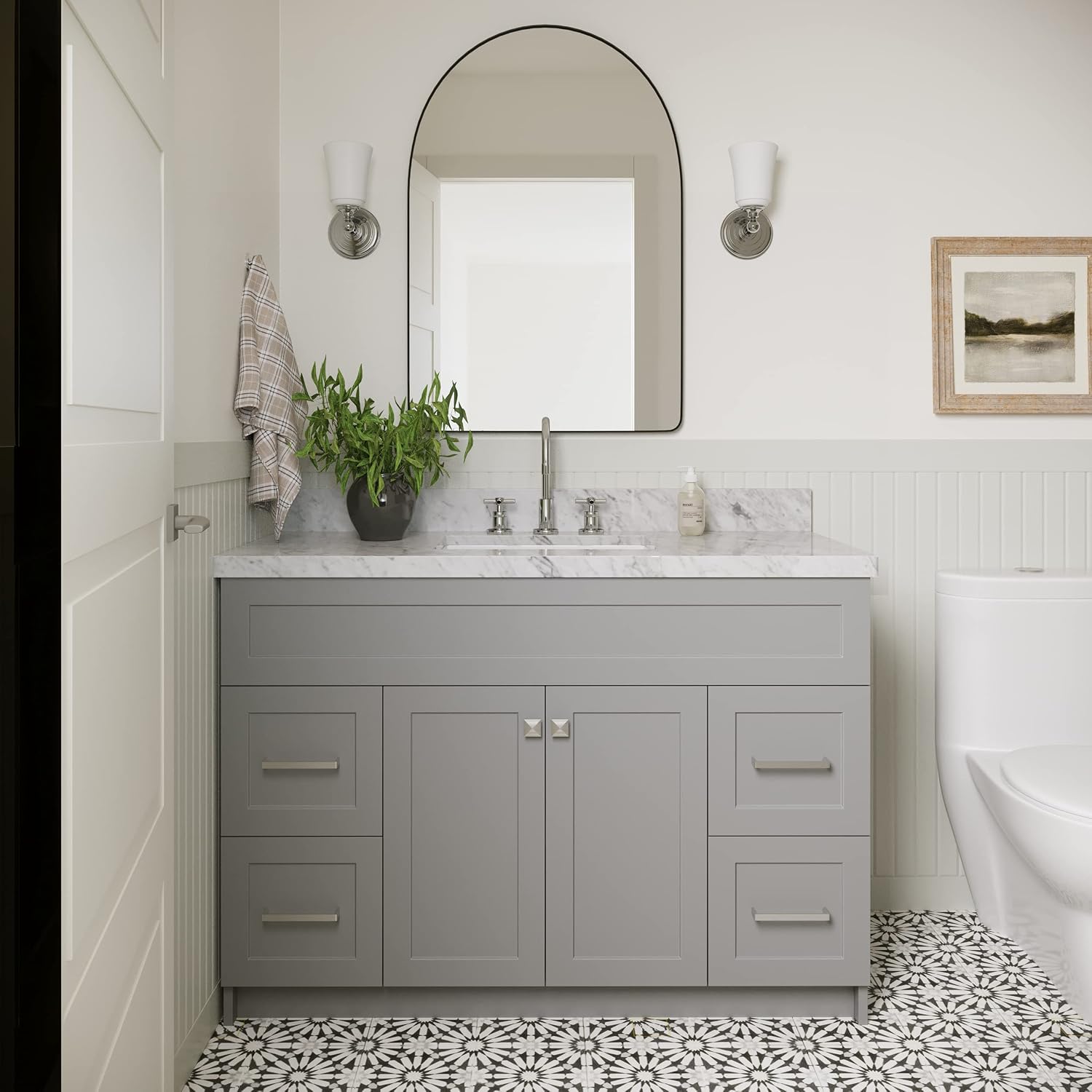 ARIEL Hamlet 48-inch Bathroom Vanity with Sink,Solid Wood, 1.5-inch Italian Carrara Marble Countertop & Backsplash, Single Rectangular Porcelain Sink, 2 Soft Closing Doors, 4 Dovetail Drawers, Grey