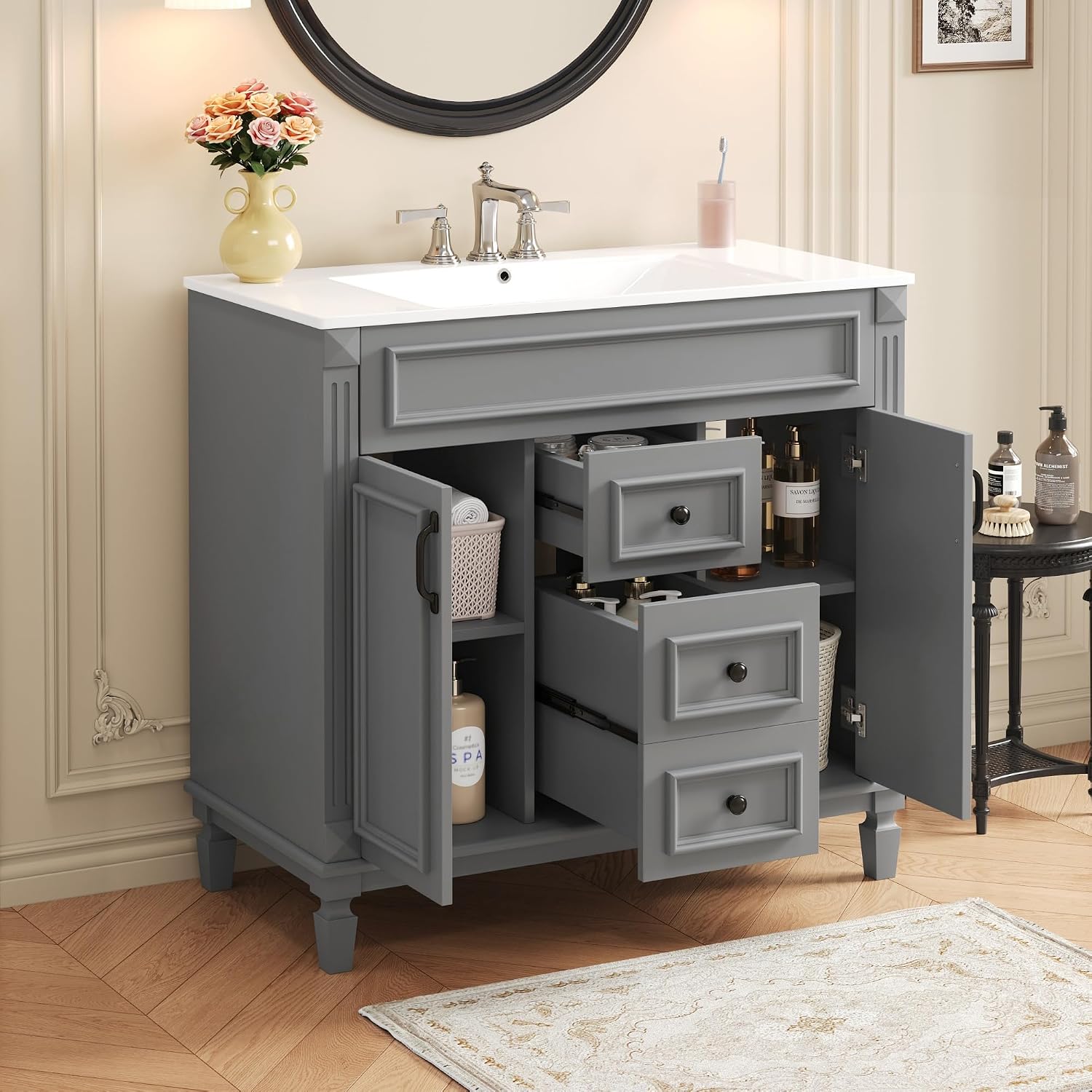 Virubi 36' 'Bathroom Vanity with Ceramic Sink, Traditional Bathroom Storage Cabinet with 2 Doors and 2 Drawers, Solid Wood Frame Bathroom Vanities
