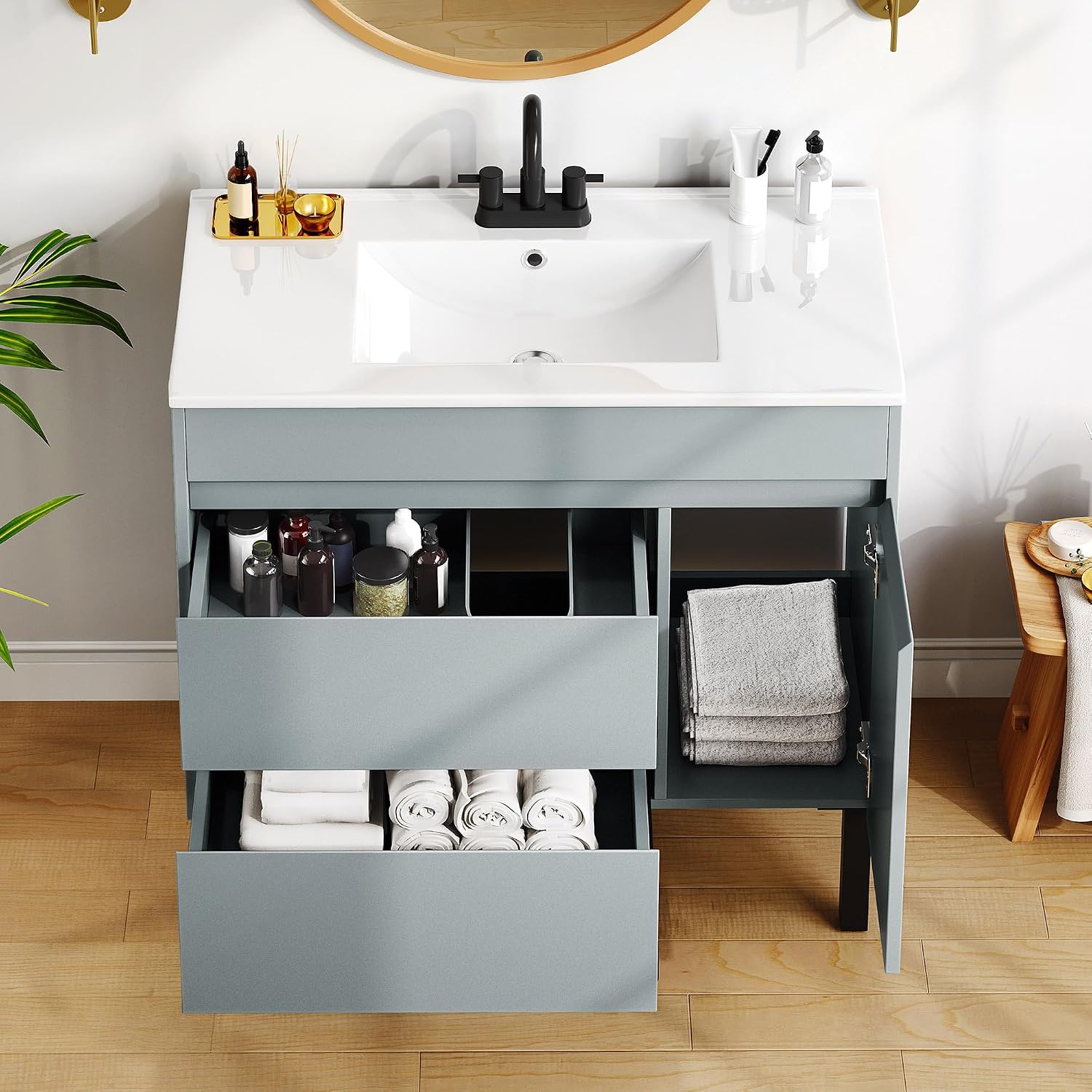 YITAHOME 36 Inch Bathroom Vanity with Sink, Bathroom Cabinet Vanity for Media Space, Freestanding Storage Bathroom Vanity with 1 Soft Closing Cabinet & 2 Drawers