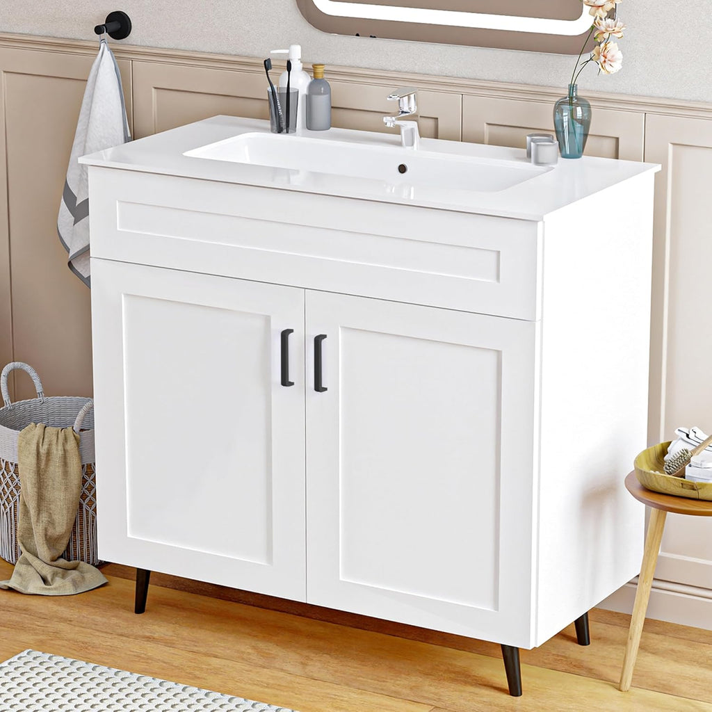 36 Inch Bathroom Vanity with Ceramic Sink - Modern Farmhouse Style Sink Cabinet, Easy Tool-Free Installation, for Bathroom Remodel and Upgrade (White)