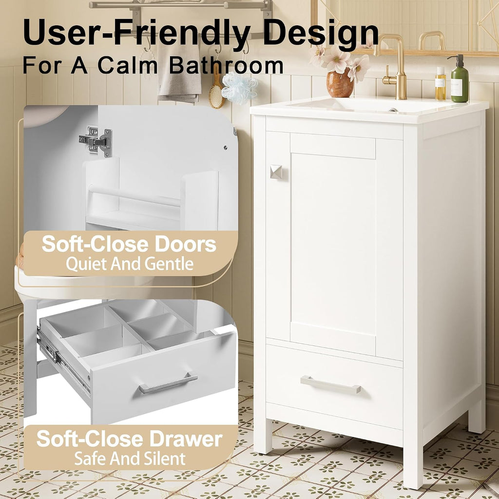 VilroCaz Modern 18'' Bathroom Vanity with Top Sink, Freestanding Bathroom Storage Cabinet with Door and Divider Drawer, Single Sink Cabinet with Adjustable Plastic Foot Pads (White+1 Drawer)