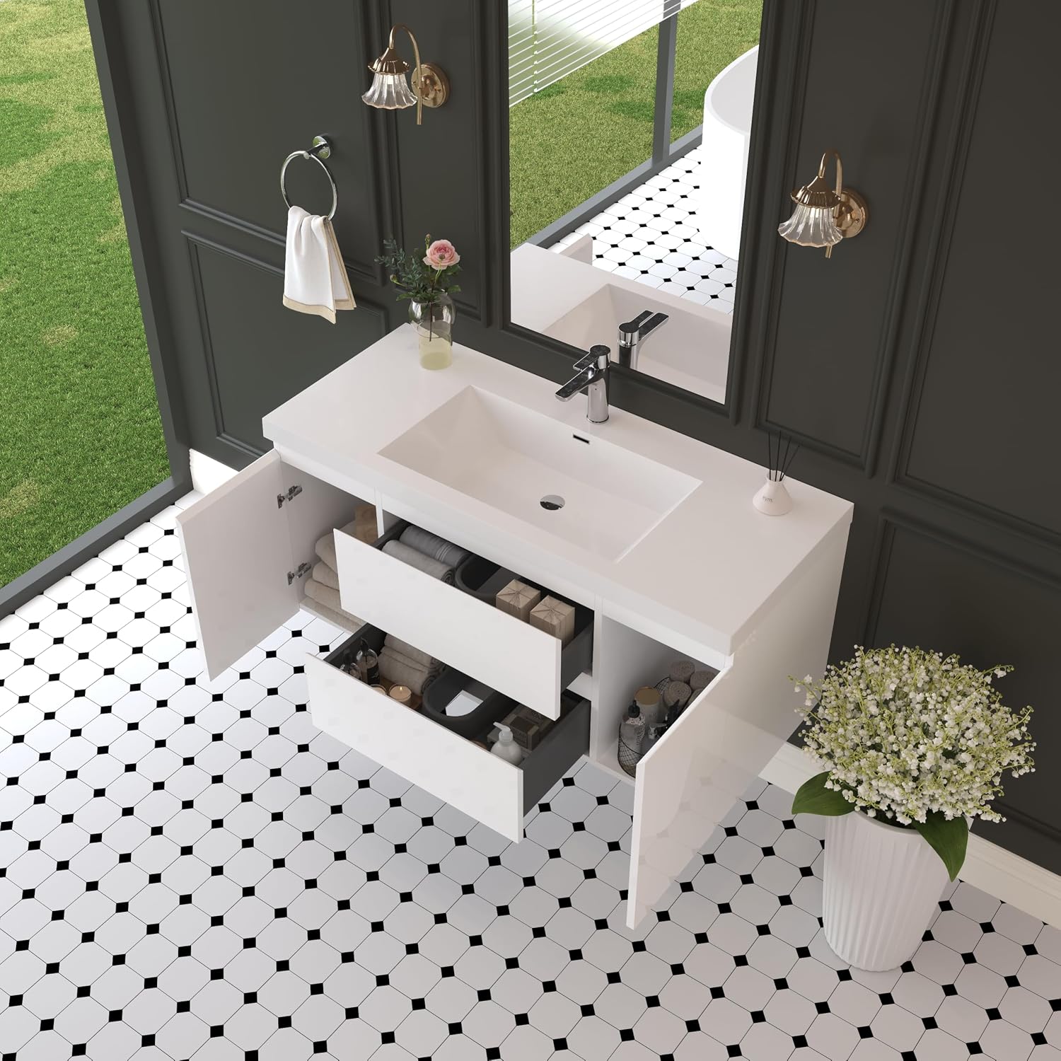 GDFStudio 48' Floating Bathroom Vanity with Sink, Wall-Mounted Vanity Cabinet with Solid Surface Countertop, Integrated Basin, Soft Close Drawers, Modern Space-Saving Design, Glossy White