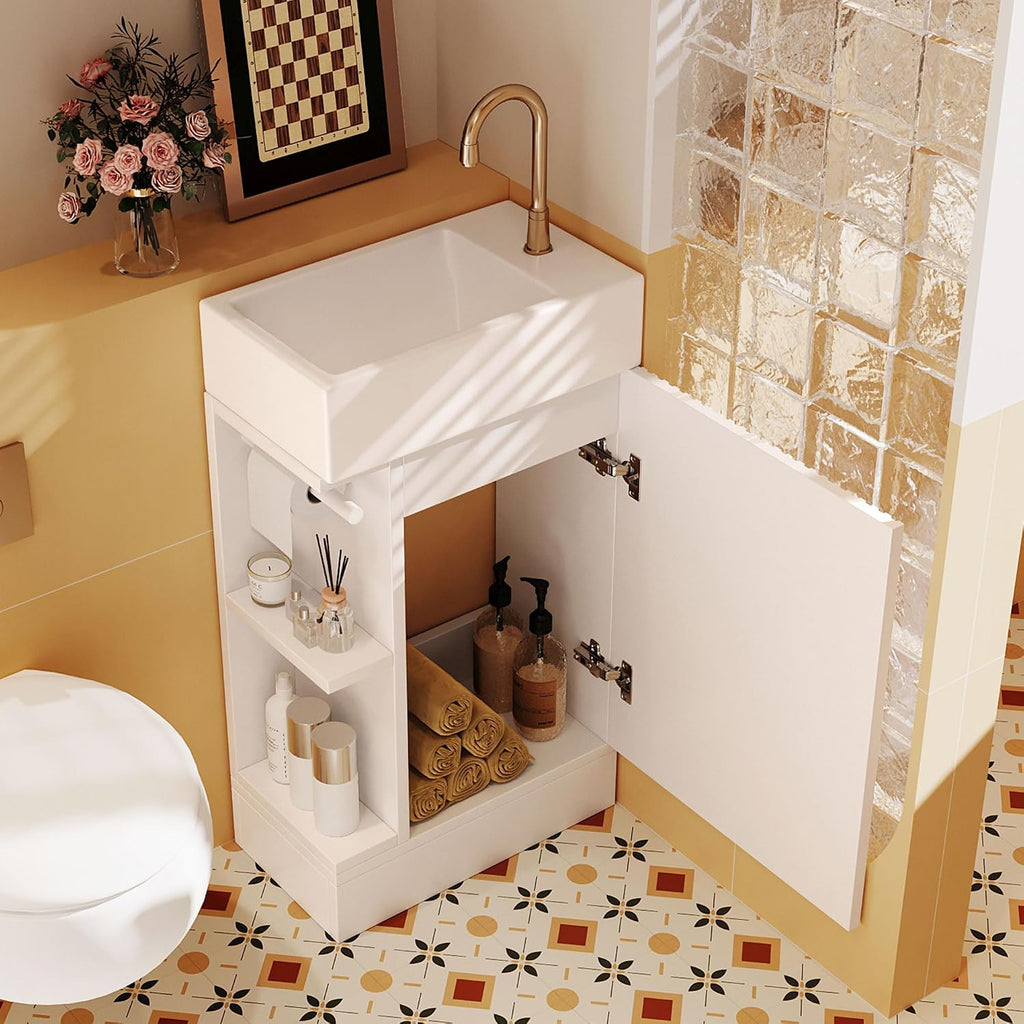 18.6' Bathroom Vanity Cabinet with Ceramic Sink Top Set, Left or Right Available, Freestanding, Two-Tier Storage Shelf, White