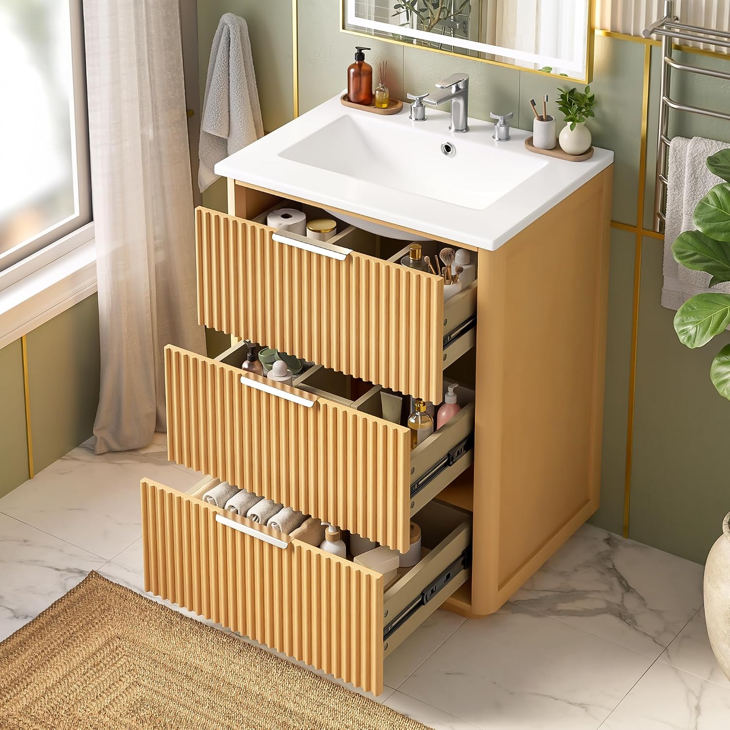 VilroCaz Modern Luxury 24'' Bathroom Vanity with Ceramic Sink, Wood Freestanding Bathroom Storage Cabinet with 3 Drawers, Single Sink Cabinet