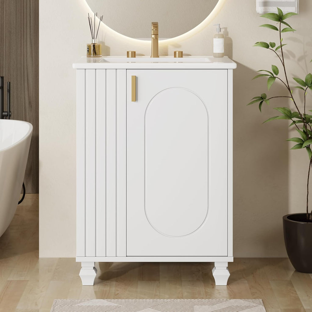 24-inch Bathroom Vanity with Sink Combo, Free-Standing Single Storage Cabinet with Door Shelf, Side Open Storage, and Cabinet, Vanity with Ceramic Basin for Bathroom (White)