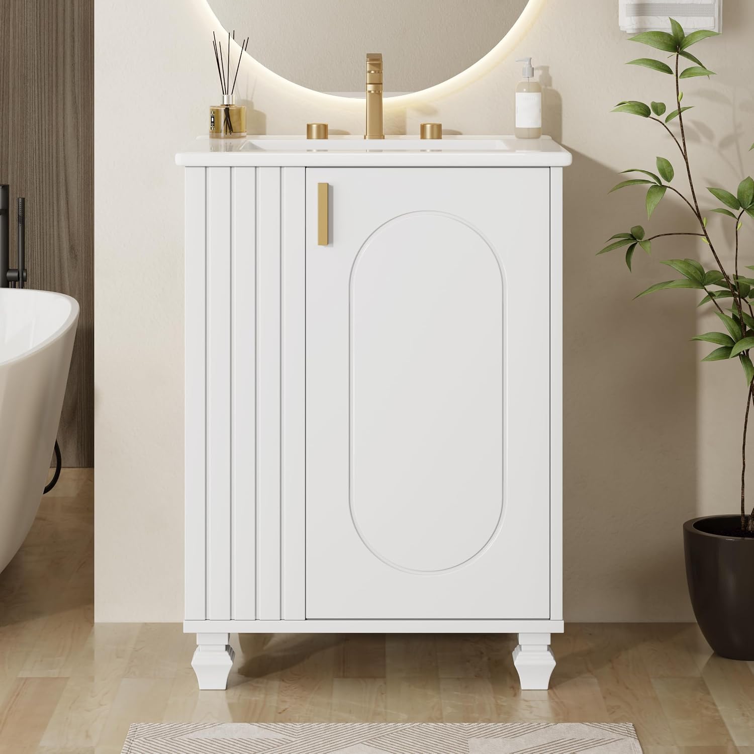 24-inch Bathroom Vanity with Sink Combo, Free-Standing Single Storage Cabinet with Door Shelf, Side Open Storage, and Cabinet, Vanity with Ceramic Basin for Bathroom (White)
