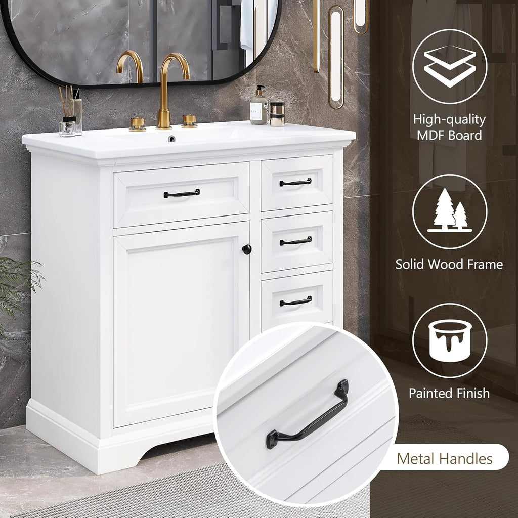 Mirightone 36' Vanity with Sink, Bathroom Vanities 36 inch with Sink, Single Sink Bathroom Vanity, 36 Restroom Vanity with Top, Includeing 2 Tip-Out Drawers and Soft Close Door Hinges (White)