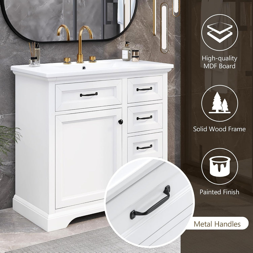 36' Bathroom Vanities Cabinet with Ceramic Sink Set Combo, Tip-Out Drawers, Storage Organizer Door Shelf, Soft-Closing Door, White