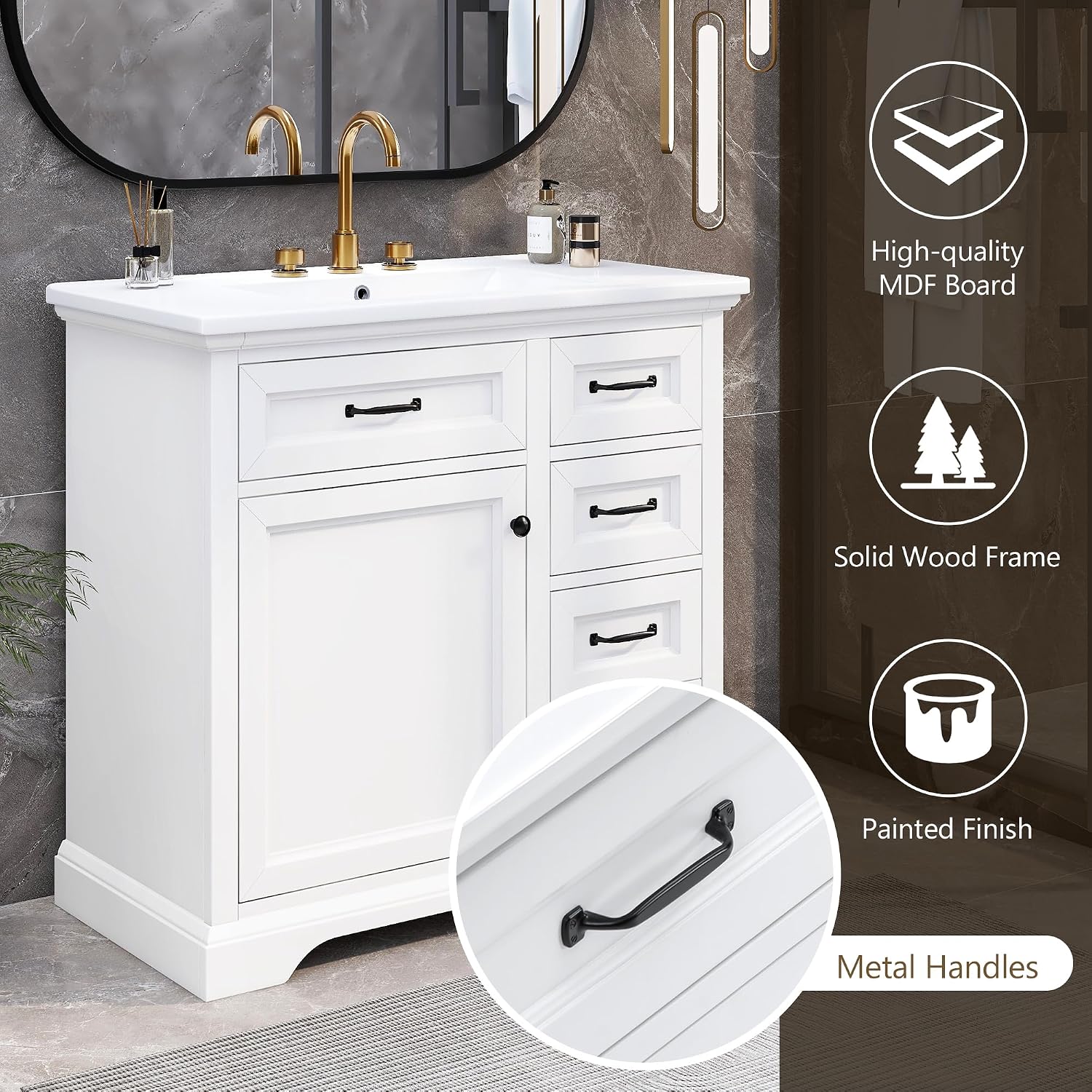 36' Bathroom Vanities Cabinet with Ceramic Sink Set Combo, Tip-Out Drawers, Storage Organizer Door Shelf, Soft-Closing Door, White