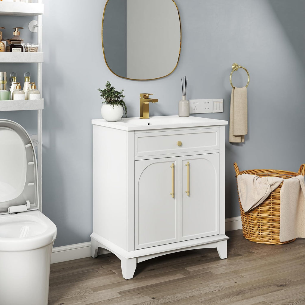 Henf White Bathroom Vanity with Sink 28inch Undermount Sink Bathroom Storage Cabinet w/2 Doors Cabinet,Ceramic Integrated Sink,Solid Wood Legs and Metal Handles, Freestanding Bath Storage Cabinet
