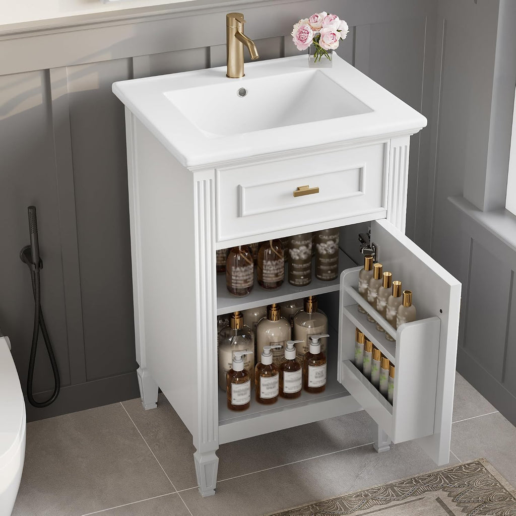 20'' Bathroom Vanity with Sink, Freestanding Storage Cabinet with Tilt-Out Drawer, Adjustable Shelf and Solid Wood Legs for Small Bathroom (White-4.10)