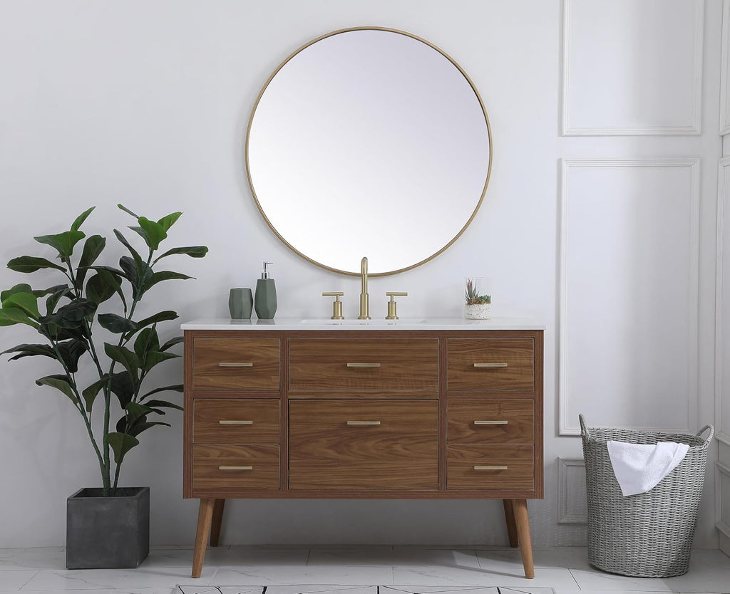 48' Pre-Assembled Bathroom Vanity with Sink, Engineered Wood, Ivory White Engineered Marble Countertop Attached, Single Rectangle Porcelain Sink, 7 Soft-Close Drawers, Walnut Brown