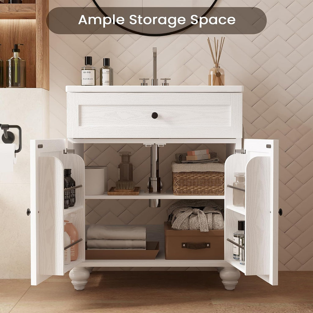 ModernMate 30 Inch Bathroom Vanity with Sink Easy-to-Install Farmhouse Bathroom Sink 2-Tier Storage Areas with Adjustable Shelves 4-Tier Storage Compartments Tip-Out Drawer 2 Hooks Solid Wood Legs