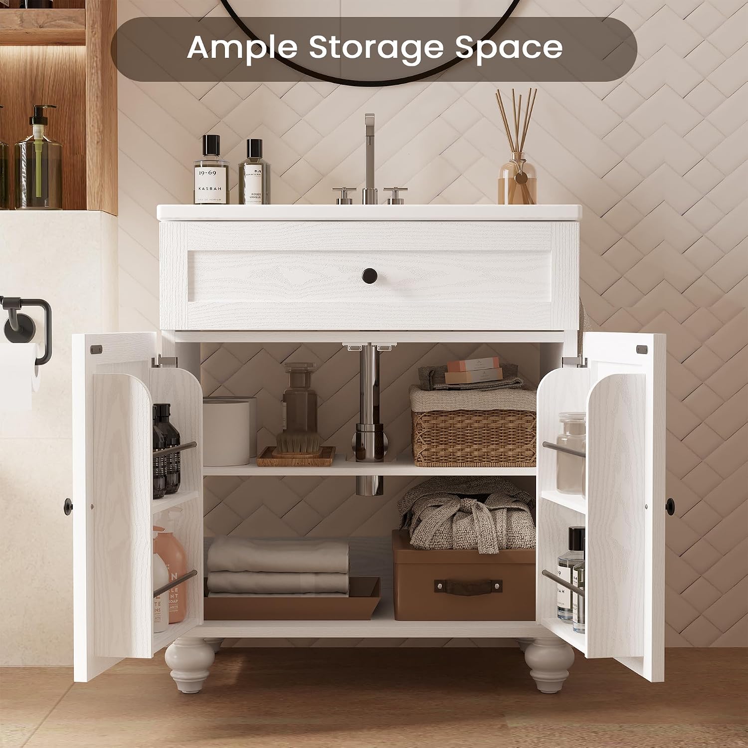 ModernMate 30 Inch Bathroom Vanity with Sink Easy-to-Install Farmhouse Bathroom Sink 2-Tier Storage Areas with Adjustable Shelves 4-Tier Storage Compartments Tip-Out Drawer 2 Hooks Solid Wood Legs