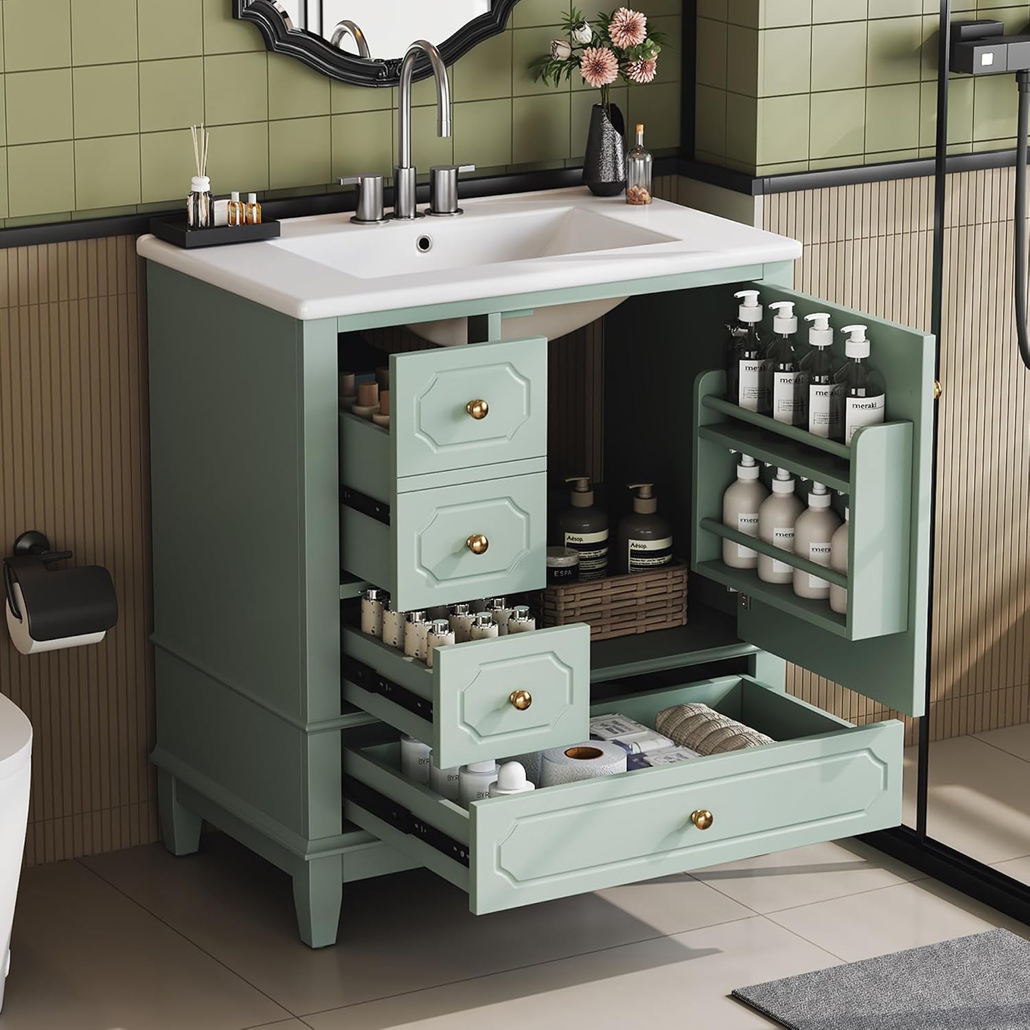 Bathroom Vanity with Ceramic Sink 30 inch, Multi-Functional Storage Cabinet with Drawers and Door Shelf, Solid Wood Frame, Soft-Closing Door, Light Green