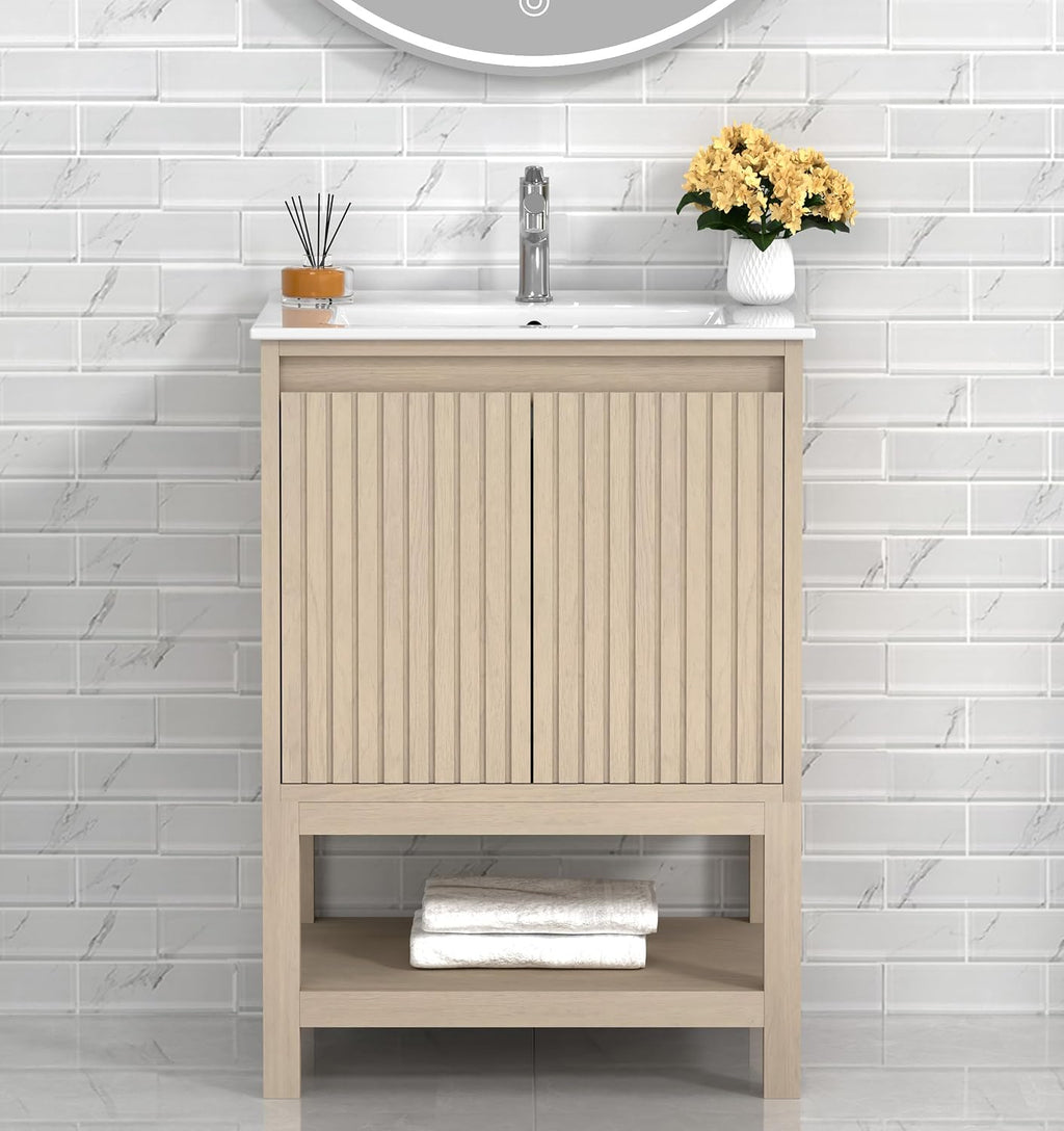 TILE & TOP Bathroom Vanity Set with Top, Sink and Backsplash, Solid Wood, Soft-Close Drawers, 1 Open Shelf, Adjustable Feet, Customer Support. (Coastal Oak, 24' Freestanding)