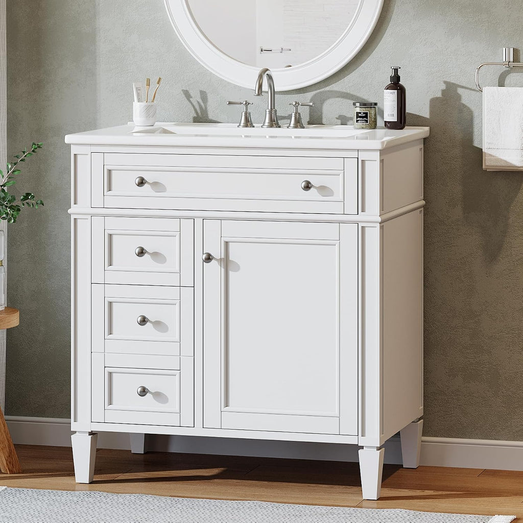Tribesigns 30-Inch Bathroom Vanity with Sink, Modern Bathroom Sink Cabinet with 3 Drawers & 2 Doors, Bath Storage Vanity Sink with Metal Handles, Solid Wood Frame, Paint Surface White