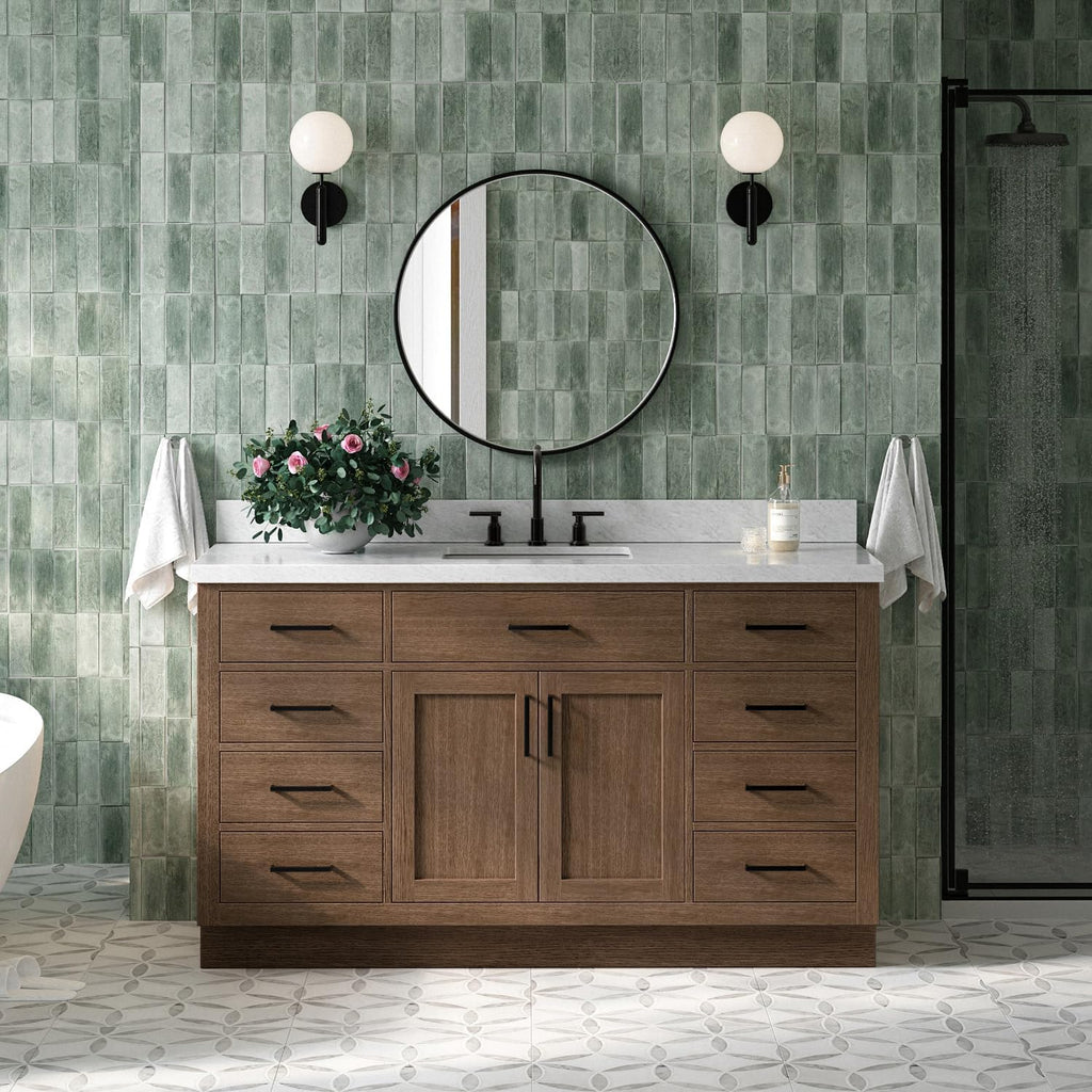 ARIEL Hepburn 60-inch Bathroom Vanity with Sink,Solid Wood, 1.5-inch Italian Carrara Marble Countertop, Single Rectangular Porcelain Sink, 2 Soft Closing Doors, 9 Dovetail Drawers, Brown Oak