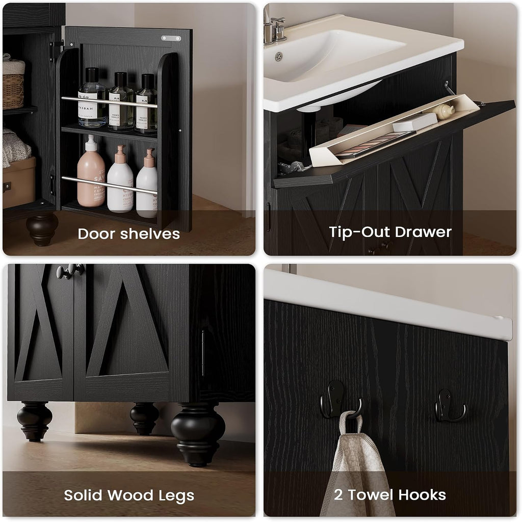30 Inch Bathroom Vanity with Sink Easy-to-Install 30' Bathroom Vanity 2-Tier Large Storage Areas with Adjustable Shelves 4-Tier Storage Compartments Tip-out Drawer 2 Hooks Solid Wood Legs Black