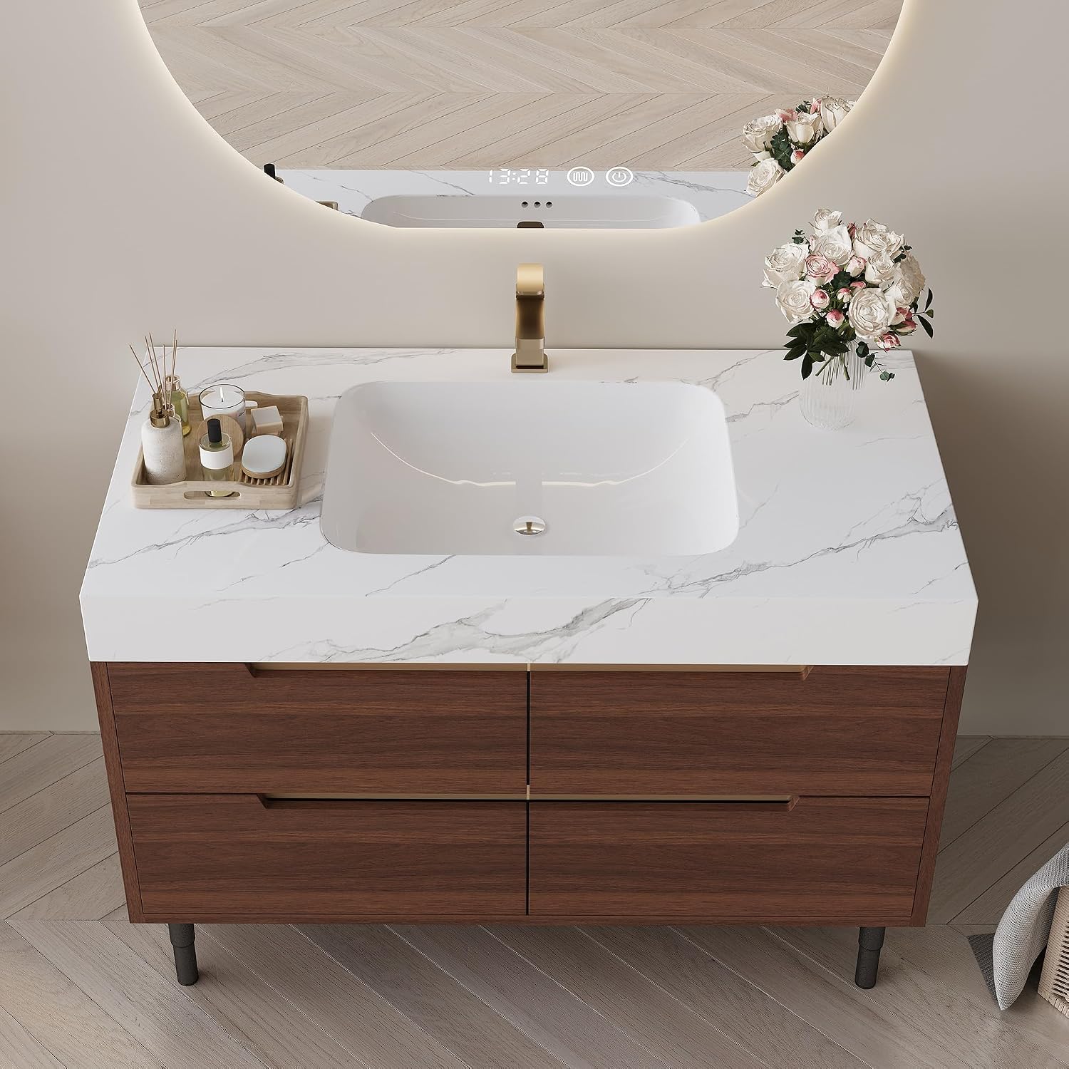 36' Bathroom Vanity with Undermount Sink Set, Modern 2-IN-1 Wall Mounted & Freestanding Bathroom Vanities Cabinet with Sintered Stone top&4 Storage Drawers, Walnut Single Bathroom Sink Cabinet