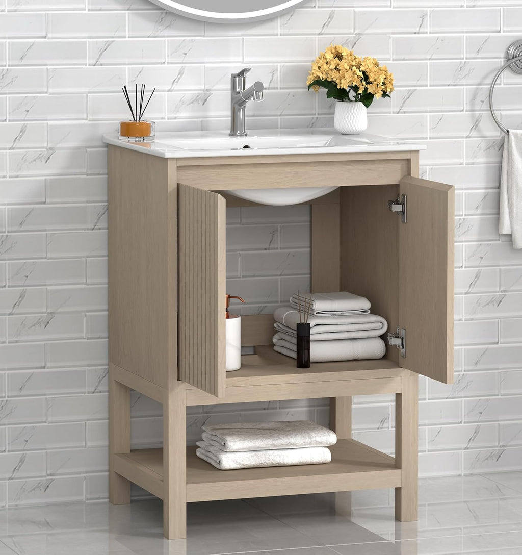 TILE & TOP Bathroom Vanity Set with Top, Sink and Backsplash, Solid Wood, Soft-Close Drawers, 1 Open Shelf, Adjustable Feet, Customer Support. (Coastal Oak, 24' Freestanding)