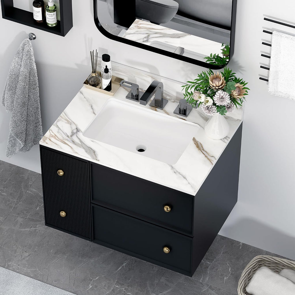 Runboll 31' Marble Vanity Top with Sink, Sintered Stone Bathroom Vanity Top with Undermount Rectangular Bowl, 4' Backsplash, Pre-Drilled 8' 3 Faucet Holes (Cabinet NOT Included)