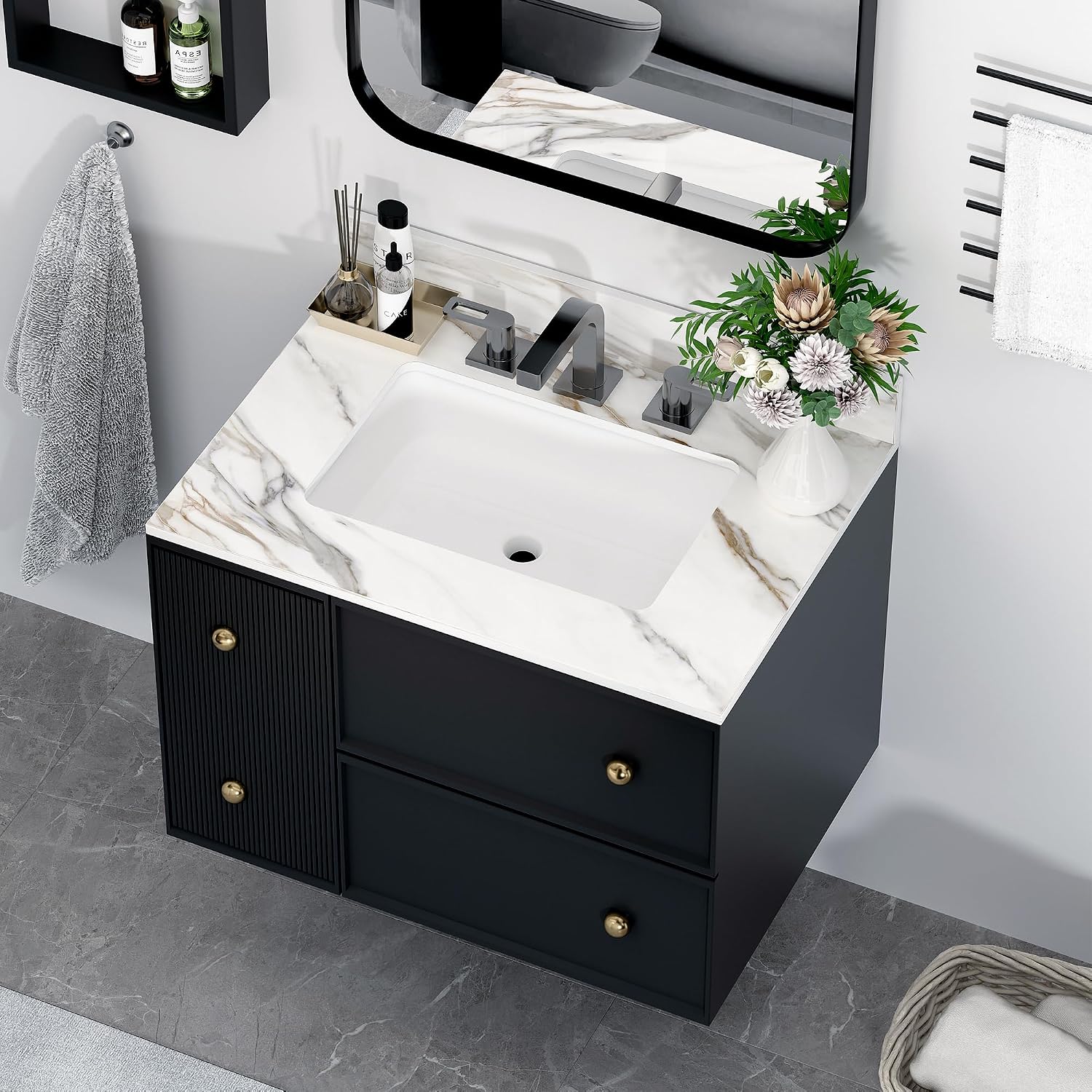 Runboll 31' Marble Vanity Top with Sink, Sintered Stone Bathroom Vanity Top with Undermount Rectangular Bowl, 4' Backsplash, Pre-Drilled 8' 3 Faucet Holes (Cabinet NOT Included)