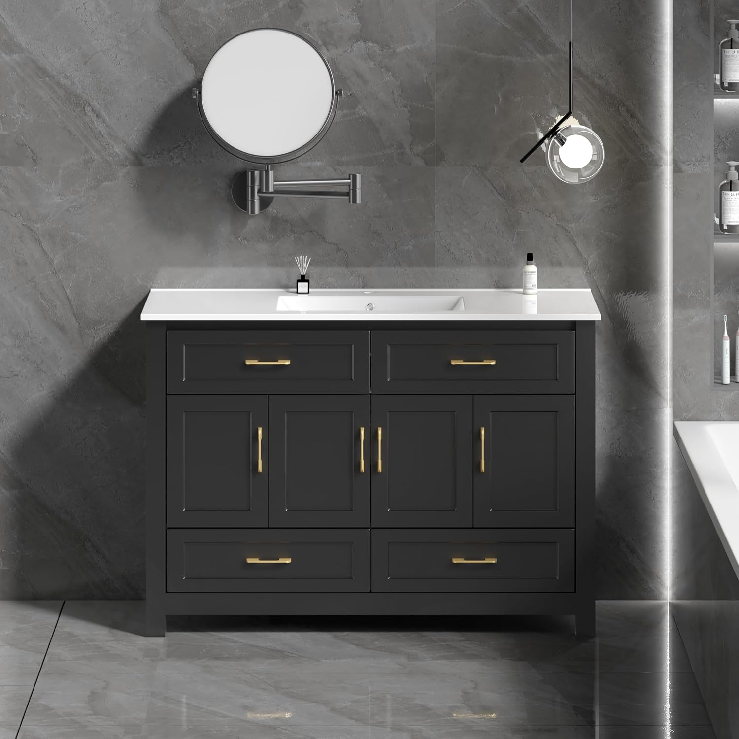 KEIKI 48' Bathroom Vanity with Sink, Modern Freestanding Cabinet with 4 Soft-Closing Doors & 4 Drawers, Wood Frame Storage Vanity for Bathroom, Black