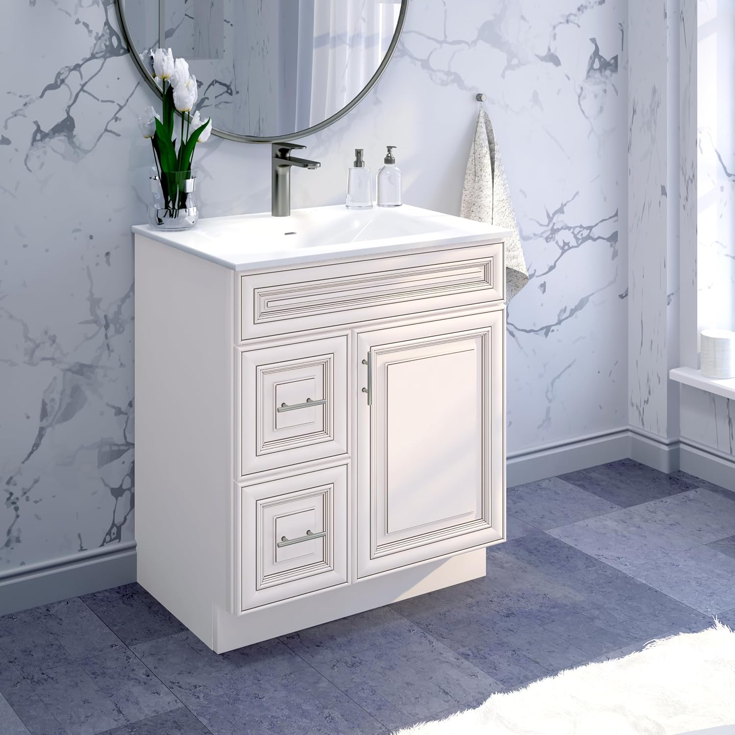 30' Shaker Bathroom Vanity Sink Base with Drawers (Ready-to-Assemble) (Antique White Vanity Base)