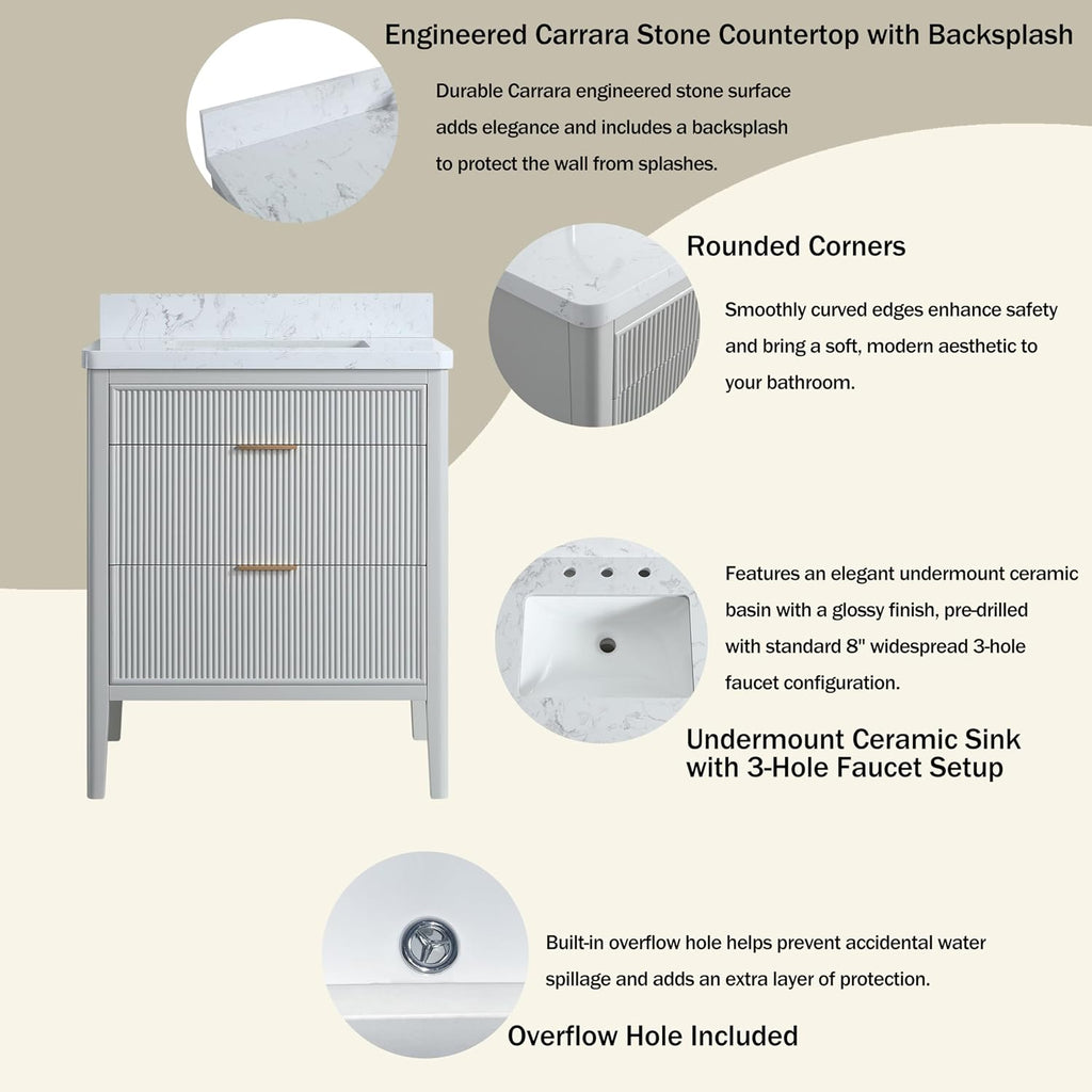 KEIKI 30' Freestanding Bathroom Vanity with Sink,Storage Cabinet with 2 Handle Sets and Engineered Marble Top