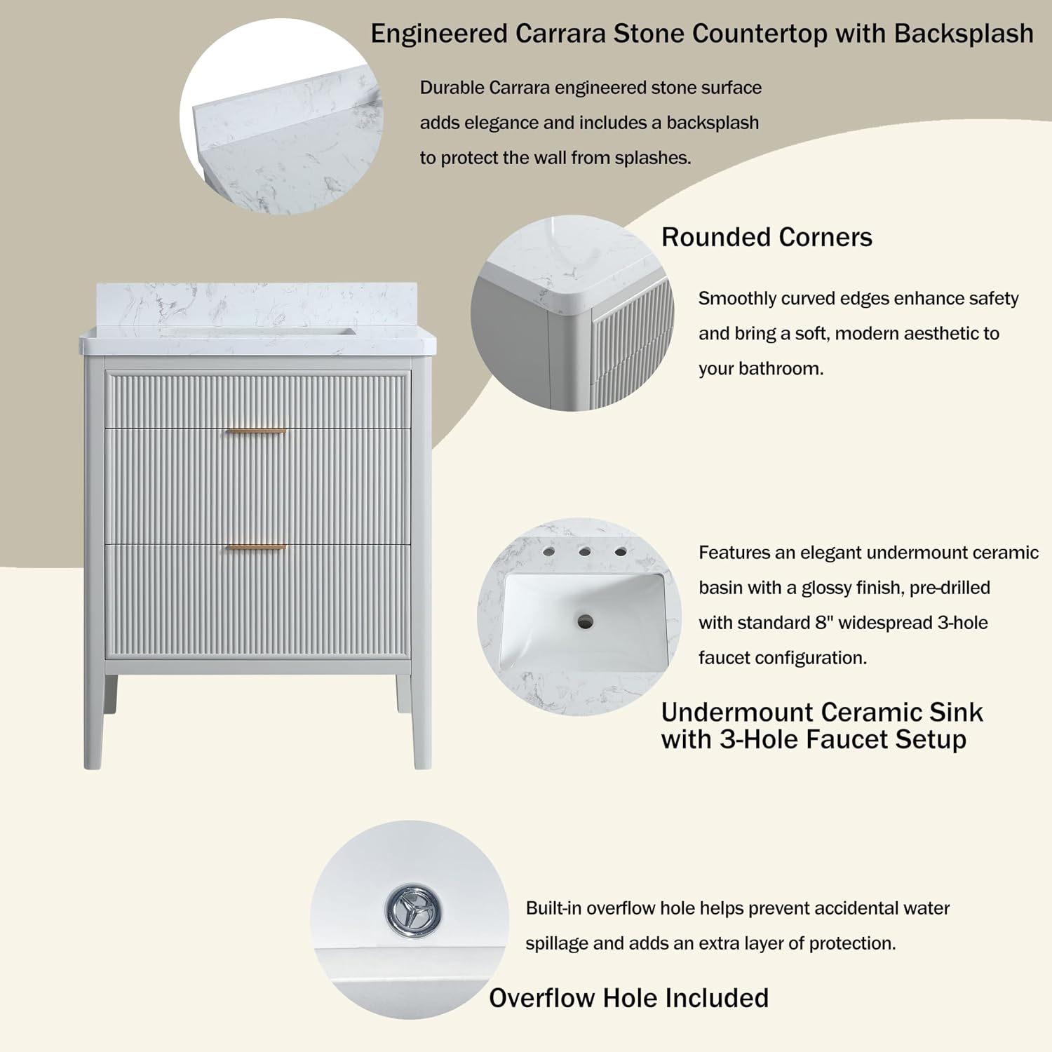 KEIKI 30' Freestanding Bathroom Vanity with Sink,Storage Cabinet with 2 Handle Sets and Engineered Marble Top