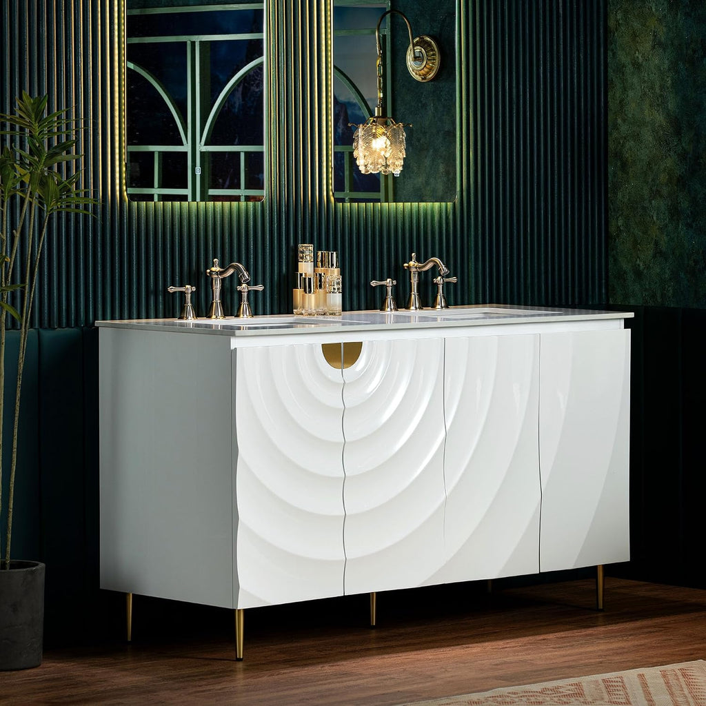 Woodbridge 60'x22' Bathroom Vanity with Double Ceramic Undermount Sinks, White Engineered Stone Top,3D Wave Pattern Cabinet Doors, Sleek Thin Legs,Glossy White Finish for a Clean, Modern Look