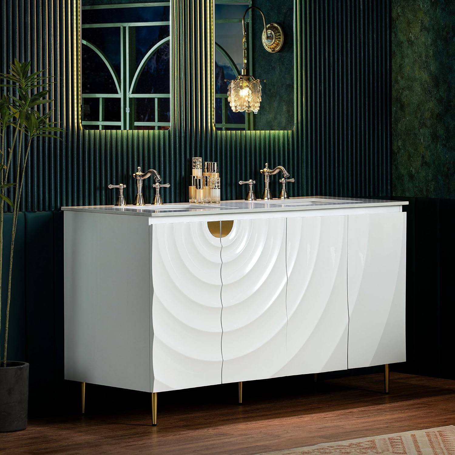 Woodbridge 60'x22' Bathroom Vanity with Double Ceramic Undermount Sinks, White Engineered Stone Top,3D Wave Pattern Cabinet Doors, Sleek Thin Legs,Glossy White Finish for a Clean, Modern Look