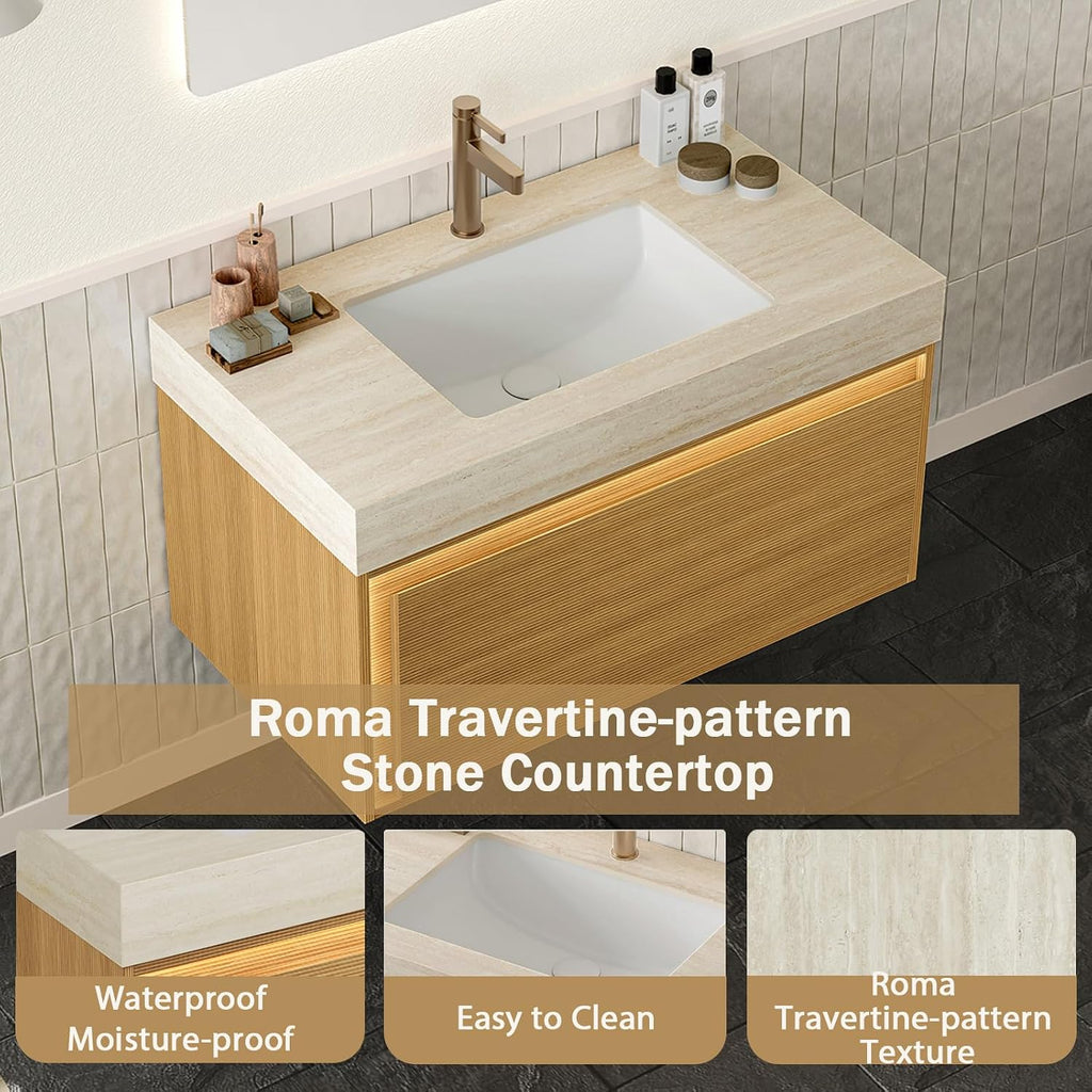 Eleshine 36' Floating Bathroom Vanity with Single Sink, Fluted Cabinet, Sensor LED Light, Roma Travertine Countertop, Light Oak, Pre-Assembled