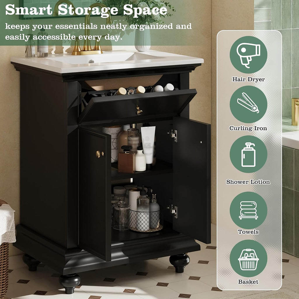 Marzzi 24' Bathroom Vanity with Ceramic Sink, Powder Room Small Bathroom Vanity Cabinet with 2 Soft-Close Doors, Tip-Out Tray, and Adjustable Shelf, Solid Wood Feet, Painted Finish