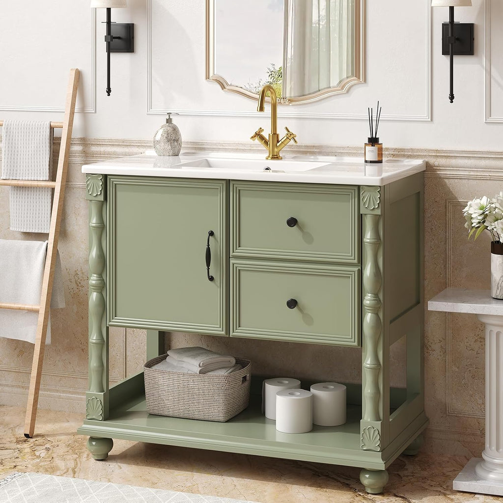 ONBRILL 36' Bathroom Vanity with Sink Combo, Modern Bathroom Vanities with Open Storage Shelf, 4 Solid Legs, Drawer, Door, Ceramic Integrated Sink, Freestanding Bath Storage Cabinet (Green)