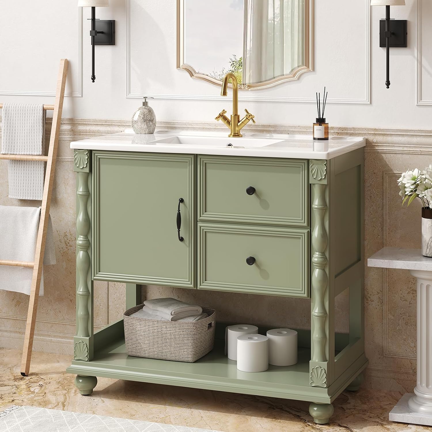 ONBRILL 36' Bathroom Vanity with Sink Combo, Modern Bathroom Vanities with Open Storage Shelf, 4 Solid Legs, Drawer, Door, Ceramic Integrated Sink, Freestanding Bath Storage Cabinet (Green)