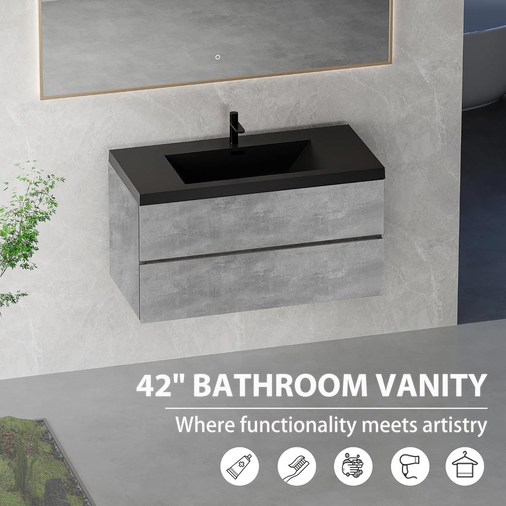 42' Floating Bathroom Vanity with Sink, Wall Mounted Bathroom Storage Vanity Cabinet with Black Quartz Sand Top Basin and Soft Close Drawers, EDI Series Cement Grey