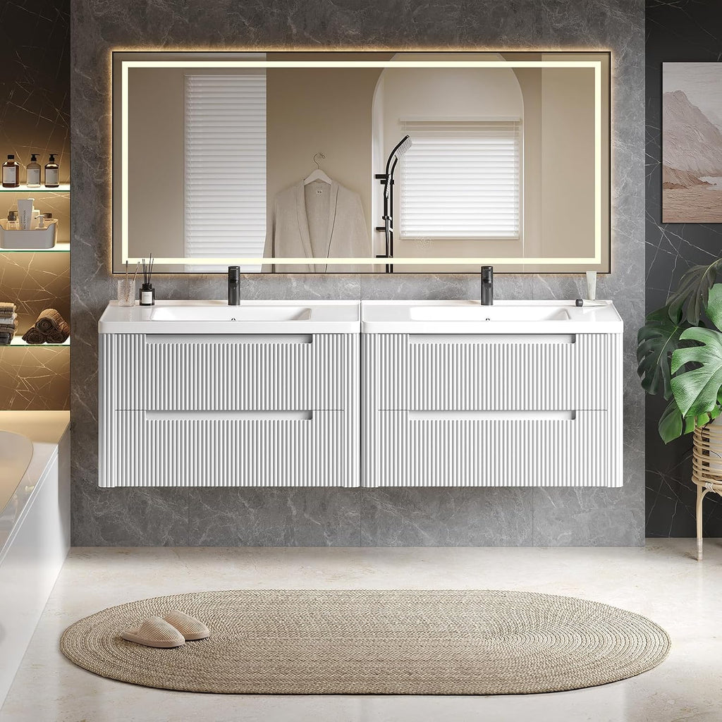 ONBRILL Modern Bathroom Vanity with Sink Combo, Curved Floating Bath Vanity with 2 Drawers, Wall Mount Bathroom Vanities with Integrated Ceramic Sink for Small Space, Apartment (White, 36')