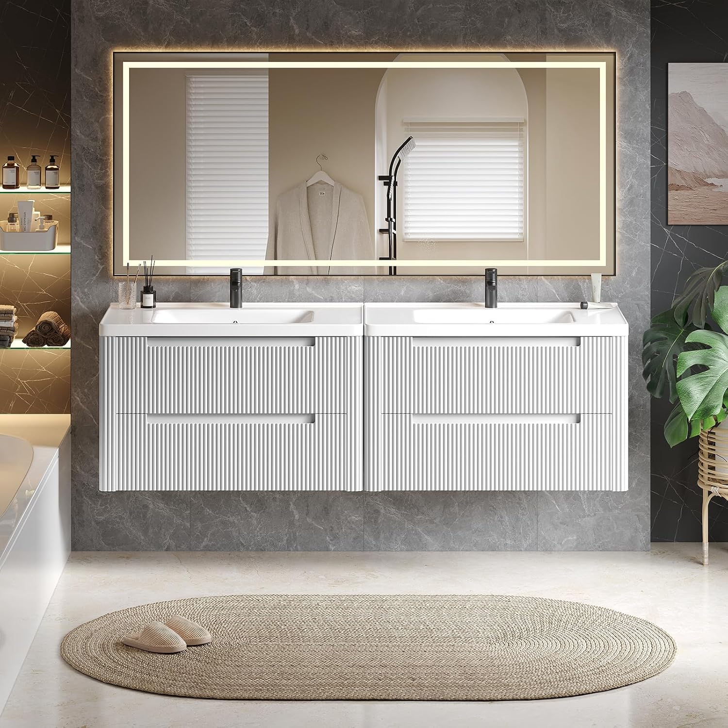 ONBRILL Modern Bathroom Vanity with Sink Combo, Curved Floating Bath Vanity with 2 Drawers, Wall Mount Bathroom Vanities with Integrated Ceramic Sink for Small Space, Apartment (White, 36')