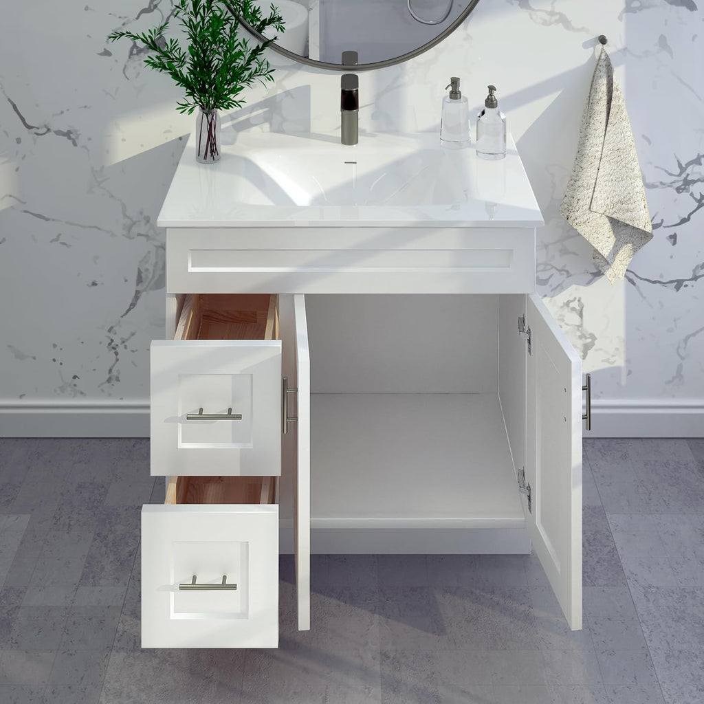 White Shaker Bathroom Vanity with Sink 36' – Solid Surface One-Piece Top, Soft-Close Doors & Drawers, Polyurethane Nano Resin Sink, Pre-Drilled Faucet Hole, Modern Bath Vanity Cabinet Set