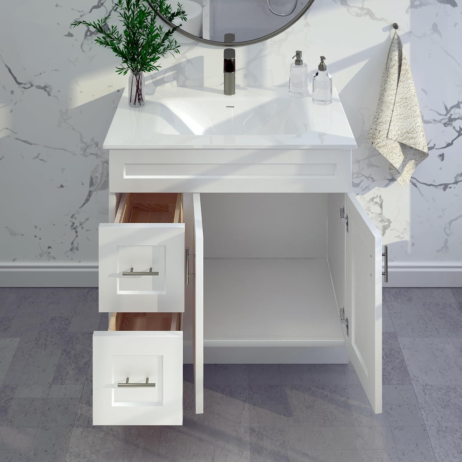 White Shaker Bathroom Vanity with Sink 36' – Solid Surface One-Piece Top, Soft-Close Doors & Drawers, Polyurethane Nano Resin Sink, Pre-Drilled Faucet Hole, Modern Bath Vanity Cabinet Set