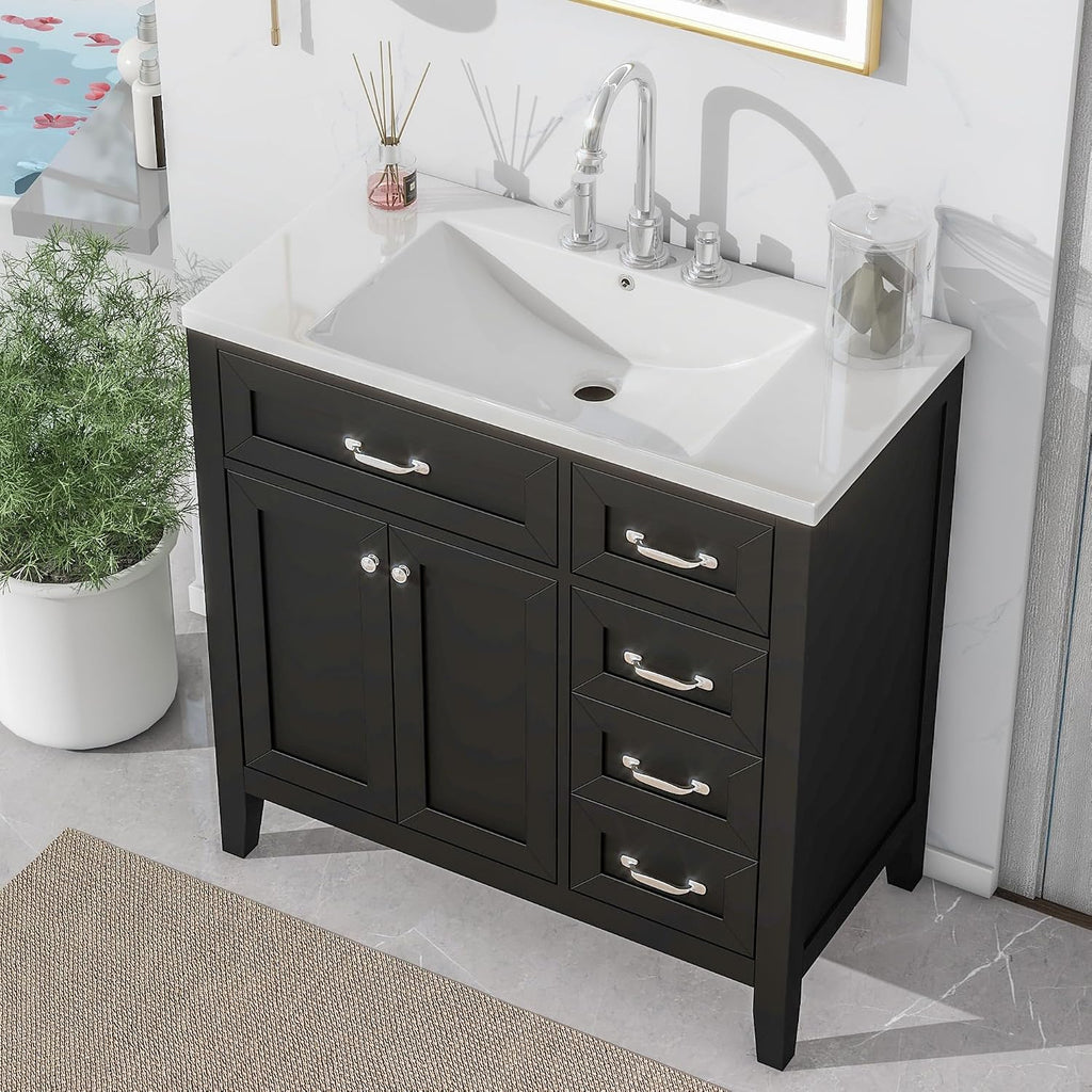 36' Vanity with Sink, Bathroom Vanity witn Top, 36 Inch Vanity and Sink with Countertop, 3 Drawers and 2 Doors for Bathroom No Mirror (Black)